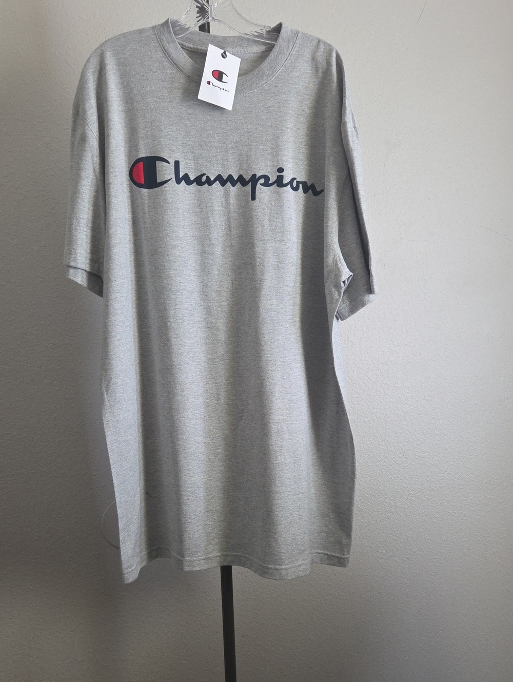 Champion Light Gray Logo Short Sleeve Tee with Red Accent